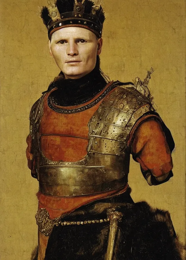 Prompt: a portrait of a Paul Gascoigne when he was 25 years old , with an armor and a crown,full body shot, oil painting in a renaissance style , very detailed, painted by Artemia Gentileschi , Caravaggio, Titian, Rembrandt.
