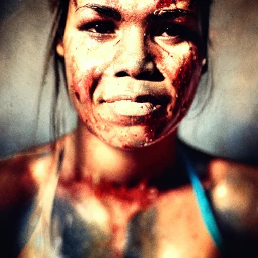 Image similar to close up portrait of woman boxer after boxing with brews blood sweating, photography photojournalism, very grainy image, 80mm lens, close up portrait polaroid