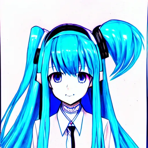 Image similar to hatsune miku v 3, blue pen art on paper