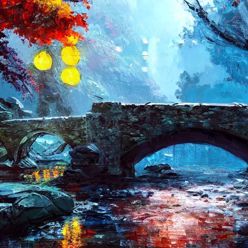 Image similar to acrylic painting, impressionism and expressionism, bold colors, expressive brushstrokes. a stone bridge over a river in riverwood, skyrim. raining. overcast. fantasy art by wadim kashin, cgsociety, nature art