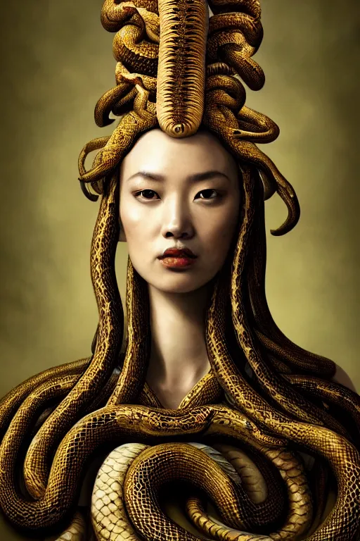 Image similar to a beautiful empress portrait, with a brilliant, impossible striking big Snake headpiece, clothes made of snakes, everything snakes, boa, symmetrical, dramatic studio lighting, rococo, baroque, greens, asian, hyperrealism, closeup, D&D, fantasy, intricate, elegant, highly detailed, digital painting, artstation, octane render, 8k, concept art, matte, sharp focus, illustration, art by Artgerm and Greg Rutkowski and Alphonse Mucha