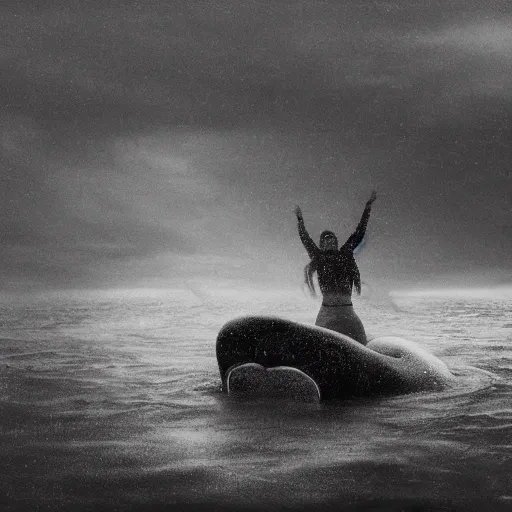 Prompt: maori girl riding a whale in ocean ,in the rain, style of Hiroshi Sugimoto ,atmospheric illustration, horror