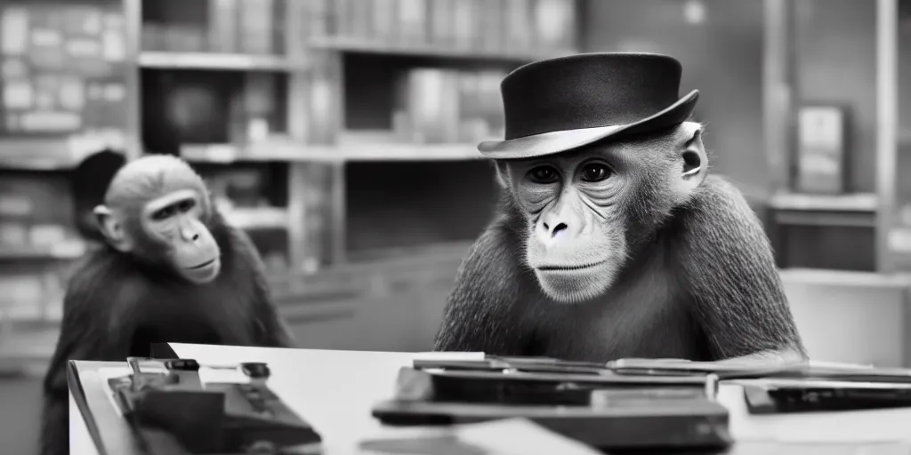Prompt: monkey working at a bank, monkey clerk, monkey wearing nice hat, cinematic, realistic, high detail