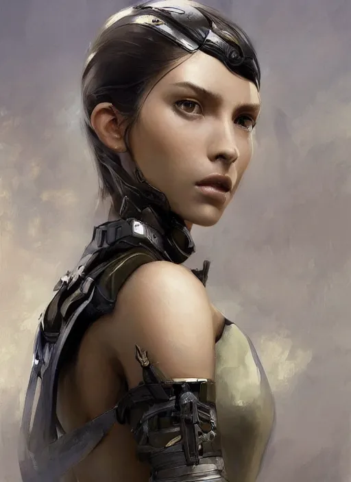 Image similar to a professional painting of a beautiful young female, clothed in military armor, olive skin, long dark hair, beautiful bone structure, symmetrical facial features, intricate, elegant, digital painting, concept art, smooth, sharp focus, illustration, from Metal Gear, by Ruan Jia and Mandy Jurgens and Artgerm and William-Adolphe Bouguerea