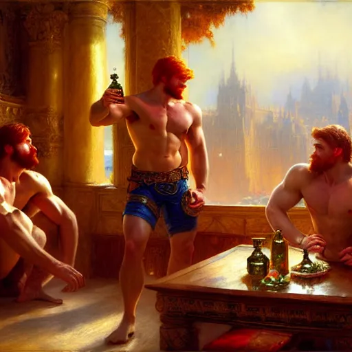 Image similar to attractive muscular mike with ginger hair with attractive tyler with brunet hair, drinking their hearts out, in their noble mansion. image defined to the maximum and highly detailed painting by gaston bussiere, craig mullins 8 k