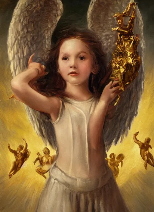 Prompt: a young girl holding the head of a monster, flying in the sky surrounded by angels, extremely realistic and highly detailed painting, soft light, gold ratio