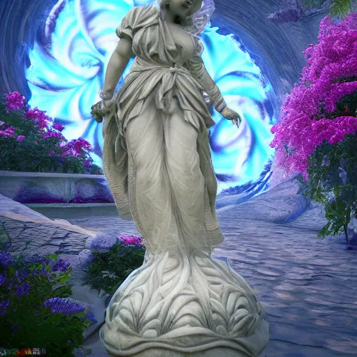 Image similar to an idealistic marble statue with sweeping clothes and with fractal flowery hair in a fractal garden, unreal engine, 8 k render, beautiful, full frame,