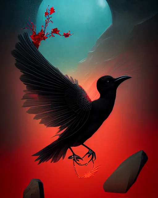 Prompt: beautiful digital fantasy illustration of a black bird with a red background, vanitas, wiccan, cowboy plague doctors, tarot card, angel sitting on a rock, abyssal warmth, octane render, detail texture, unreal engine, poster art by victo ngai, 8 k, photographic quality, ultra hyper realistic quality