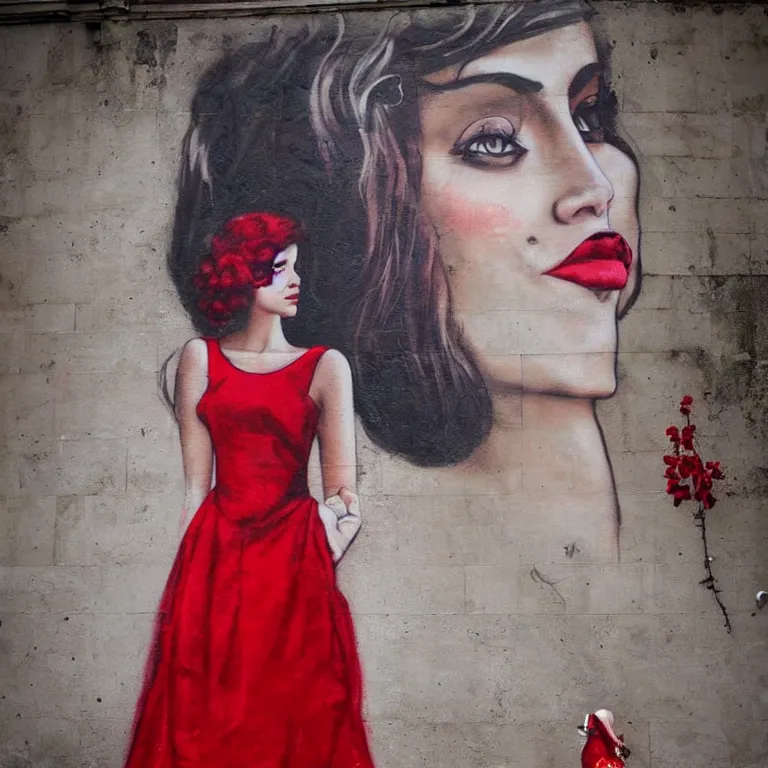Prompt: Street-art portrait of beautiful woman wearing red evening dress in style of Etam Cru