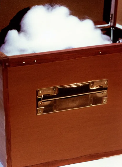 Prompt: realistic photo of white hairy cloud in a wooden box briefcase, front view, grain 1 9 9 0, life magazine reportage photo, metropolitan museum photo