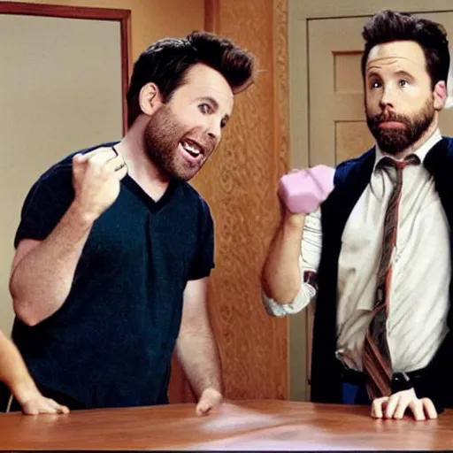 Prompt: Charlie Day and Rob McElhenney using invisible shake weights, norman Rockwell