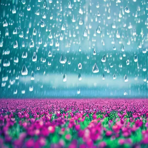 Image similar to puzzle pieces rain from the sky at a field of flowers. octane render, 8k.