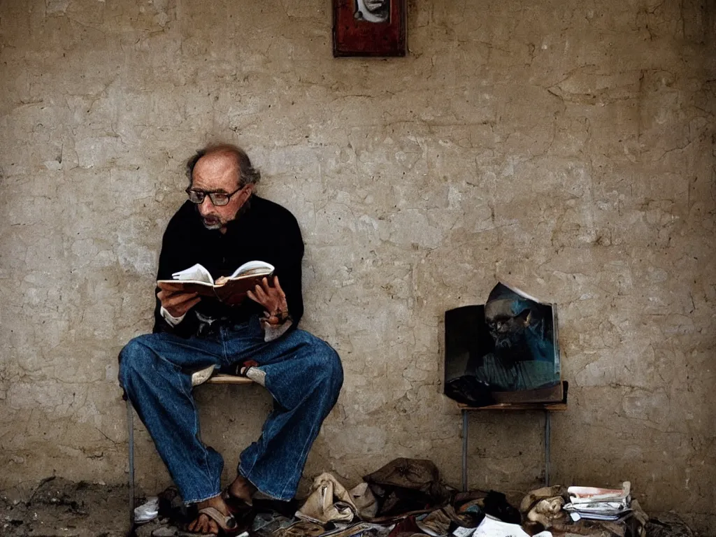 Prompt: portrait of a man with eye glasses reading. steve mccurry