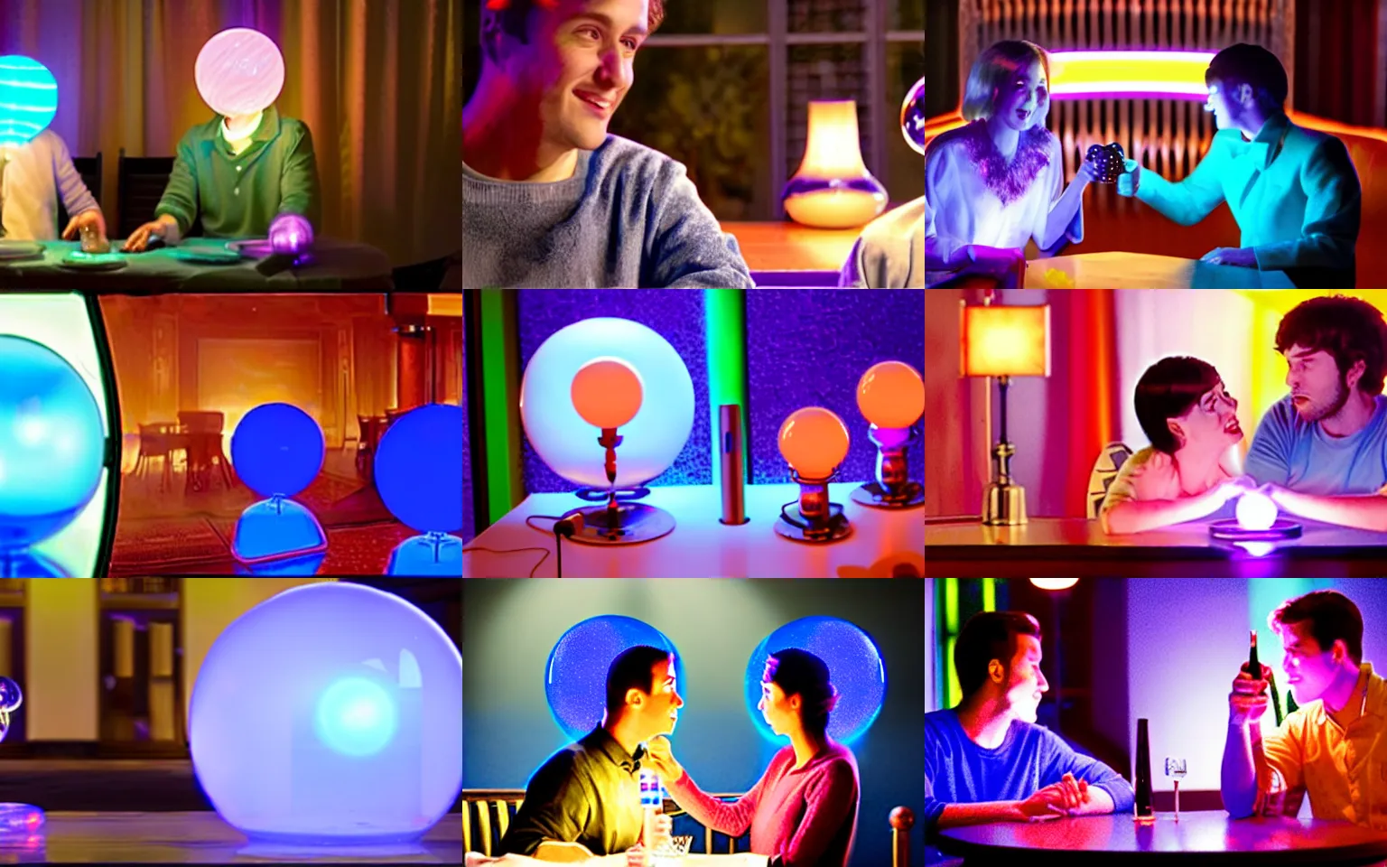 Prompt: still frame from a live - action romantic comedy showing two anthropomorphic glass ball plasma lamps, both full of glowing blue and purple filaments, having an awkward dinner date