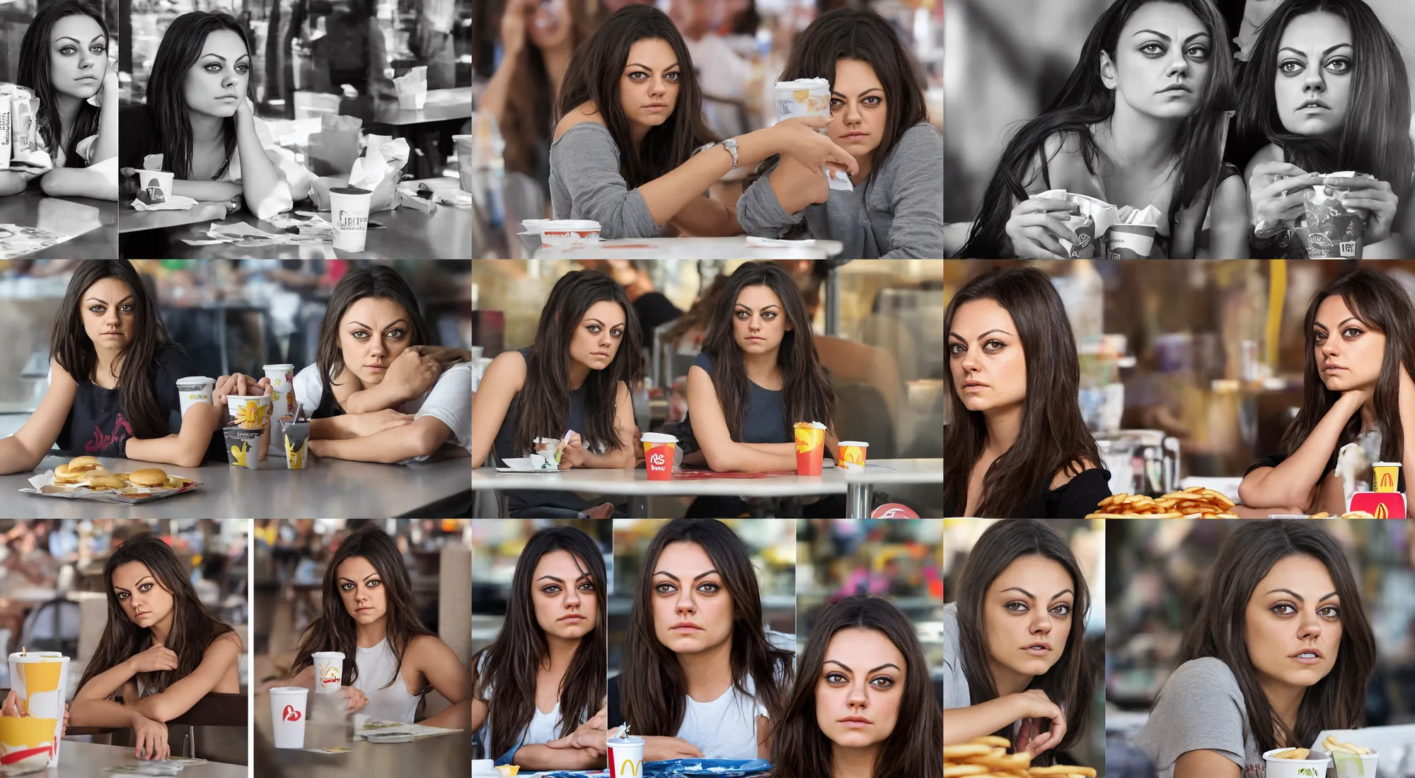 Prompt: across table head and portrait of a mila kunis bored at the mcdonalds, rossdraws, sun - rays, 2 0 0 mm focal length