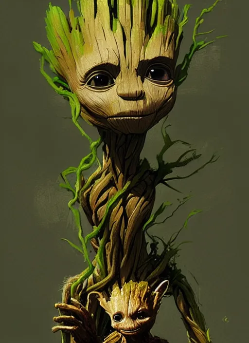 Image similar to very detailed masterpiece painting of groot holding yoda, portrait, artstation, concept art by greg rutkowski