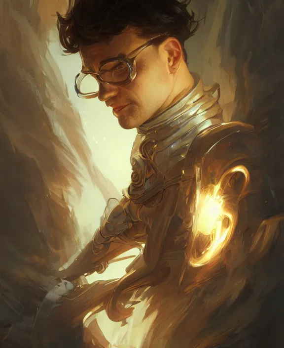 Image similar to portrait close up of guy, concentrated look, symmetry, with an explosion on the back, d & d, fantasy, intricate, elegant, highly detailed, digital painting, artstation, concept art, art by artgerm and greg rutkowski and alphonse mucha, boris vallejo