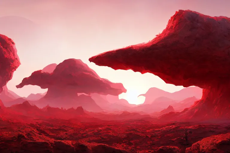 Image similar to beautiful landscape on an alien planet, the sky is red, there are two sun on the sky, digital art, highly detailed, 4k, trending on artstation