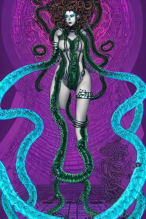 Image similar to Perfectly-centered Hyperdetailed symmetrical cinematic RPG portrait-illustration of a beautiful aetherpunk cyberpunk Medusa in a long neon-noir lovecraftian dress while her hair is made of huge ravepunk snakes. She's standing next to otherworldly towers in a surreal landscape with a cosmic horror blurred background, in the style of an epic sci-fi comic-book cover, 3D rim light, smooth digital art, sharp focus, 8K, masterpiece, Professional post-processing and HDR digital airbrush painting, Gsociety, ArtstationHQ, 3d final render, 3d shading, unreal 5, octane render, psychedelic highlights and overtones, dramatic, dynamic and atmospheric lighting, anamorphic lens.