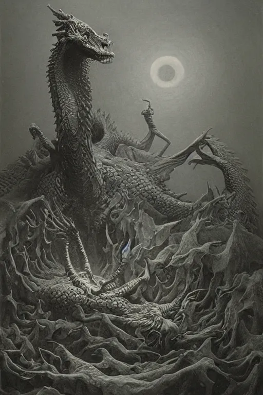 Image similar to zdzisław beksinski painting. a dragon protecting its hoard