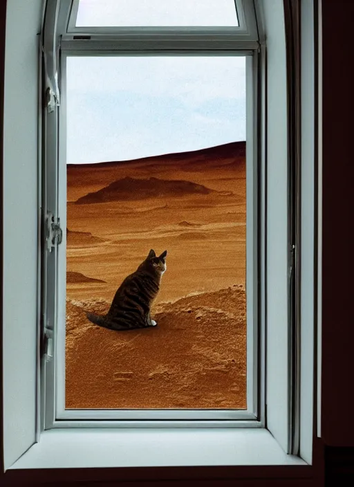 Prompt: cat inside a window watching a martian landscape