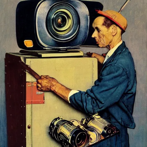 Image similar to norman rockwell painting of a television crew member holding a large television - video - camera