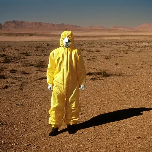 Prompt: a man wearing a hazmat suit, in the desert, film still, Panavision PSR-200 35mm