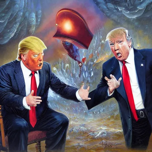 Image similar to portrait of donald trump and alex jones arguing, an oil painting by ross tran and thomas kincade