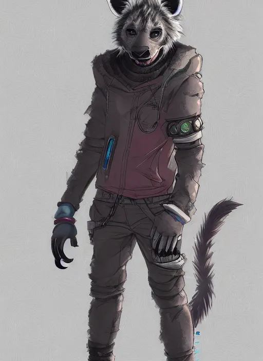 Image similar to character portrait of a male anthro hyena fursona with a tail and a cute beautiful attractive detailed furry face wearing stylish cyberpunk clothes in a cyberpunk city at night while it rains. color page, tankoban, 4K, tone mapping. By Nomax, Kenket, Rukis.