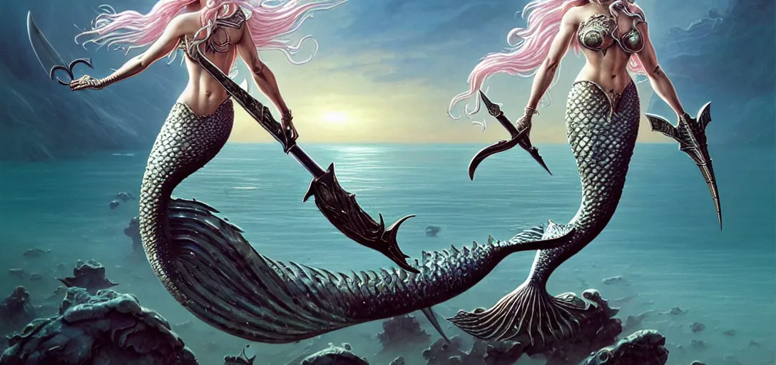 Prompt: a beautiful mermaid wearing metal armor holding an ornate sword, alien fish attack in the style of roger dean, realistic, sharp focus, 8 k high definition, insanely detailed, intricate, elegant, art by greg rutkowski and artgerm, extreme blur cherry blossoms background