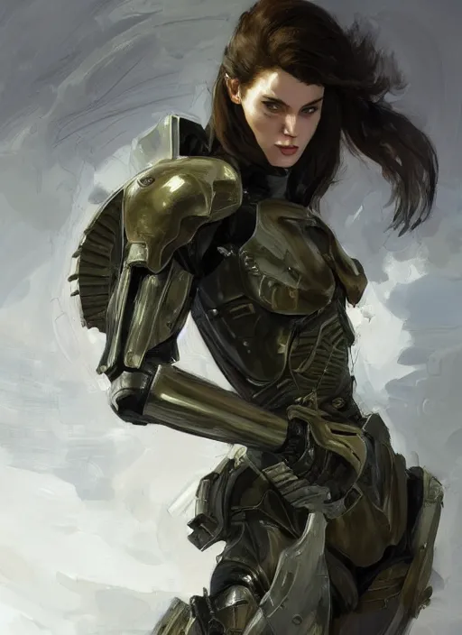 Image similar to a professional painting of a beautiful young female, clothed in military armor, olive skin, long dark hair, beautiful bone structure, symmetrical facial features, intricate, elegant, digital painting, concept art, smooth, sharp focus, illustration, from Metal Gear, by Ruan Jia and Mandy Jurgens and Artgerm and William-Adolphe Bouguerea