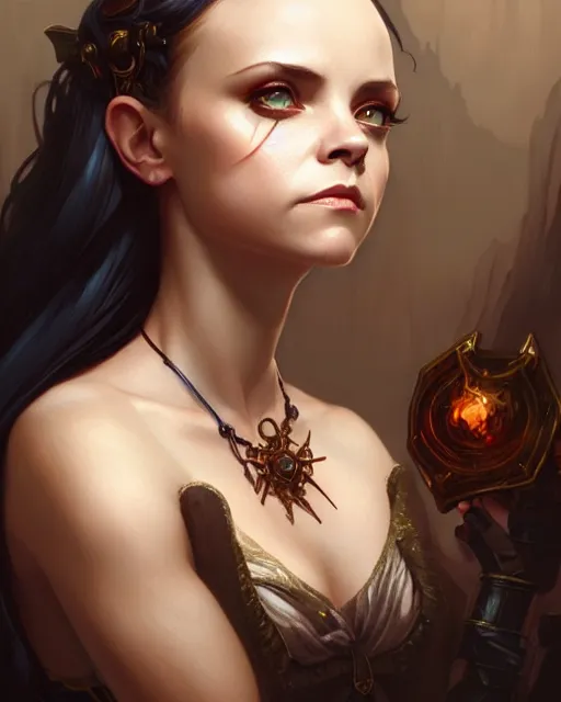 Image similar to Christina Ricci, D&D, fantasy, intricate, elegant, highly detailed, digital painting, artstation, concept art, matte, sharp focus, illustration, hearthstone, art by Artgerm and Greg Rutkowski and Alphonse Mucha