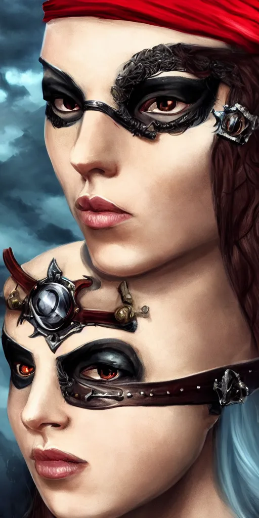 Image similar to Pirate Queen wearing an eyepatch, close-up, highly detailed, high quality, fantasy concept art, soft lighting