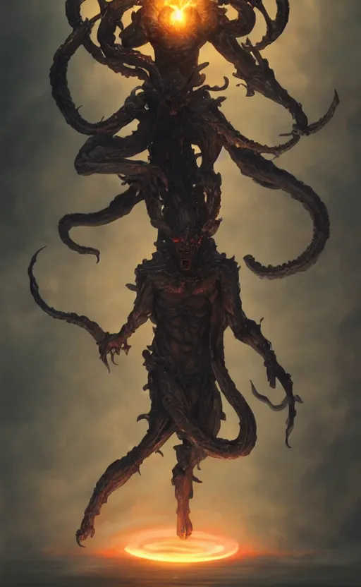 Prompt: four armed statue of a demon of the moon ascending from hell, four arms, dramatic lighting, flowing tendrils, artstation, concept art, smooth, sharp focus, illustration, art by greg rutkowski