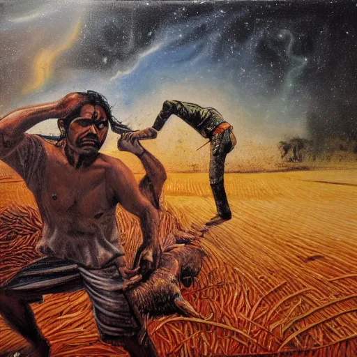 Prompt: portrait of head and body, single bangla farmer fighting on hoseback, hand to hand combat with machete, full body view, long flowing hair, fighting for his life, nebula aura surrounding subject, horseback combat attacker foreground, background of invading army, nestor canavarro hyperrealist art style, sharp outlines