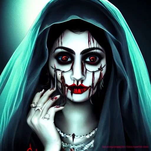 Image similar to beautiful Hindu lady of the dark with veil, in darkness, cover with blood, horror terrifying, soft light, surreal realistic, photorealistic, hyper details, full HD, 8k!