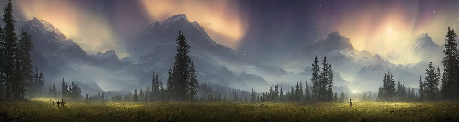 Prompt: beautiful render of a landscape, unreal engine, night, aurora borealis, mist, majestic mountains, forest, field, lush grass, by greg rutkowski, cgsociety