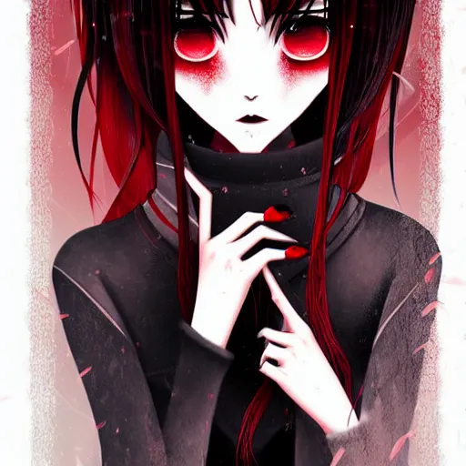 Image similar to beautiful seductive female ghost, in the rain, highly detailed, painting, dark red and black color palette, intricate, high quality anime artstyle, in the style of sana takeda