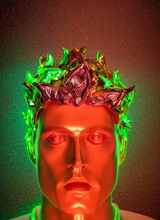 Image similar to photo of baroque and bladerunner delicate neon ruby sculpture of seductive ceramic albino king william levy tigers orange iridescent humanoid deity wearing metallic green hoody made out of leaves holding the sun in a reflective prismatic dungeon, reclining, glowing rainbow face, crown of white diamonds, cinematic lighting, photorealistic, octane render 8 k depth of field 3 d