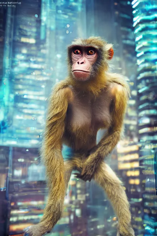 Prompt: Photography of ultra mega super hyper realistic detailed monkey in cyberpunk suit with many details by Hiromasa Ogura . Photo shot from 30m distance on ultra mega super hyper Leica Q2 Camera, Rendered in VRAY and DaVinci Resolve and MAXWELL and LUMION 3D, Volumetric cyan gold natural light