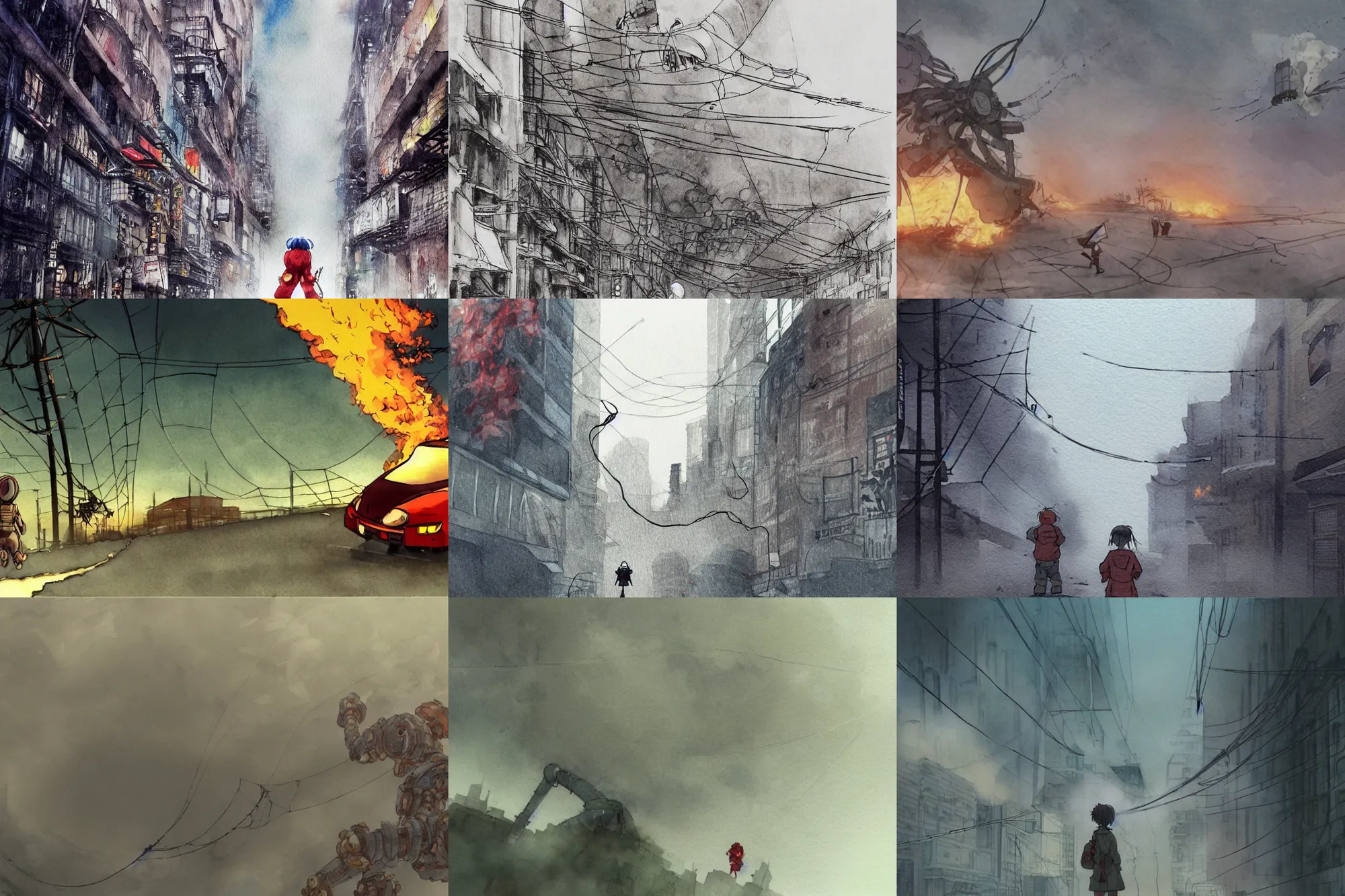 Prompt: incredible animation, curvilinear, simple water color, paper texture, katsuhiro otomo giant robot anime movie scene, back lit vertigo, action shot girl in parka, spider attack, parasol, wet road, junk, telephone wires, giant spider legs, destruction, thick fog, smoke, destroyed robots, blazing fire, burning, bonfire, inferno