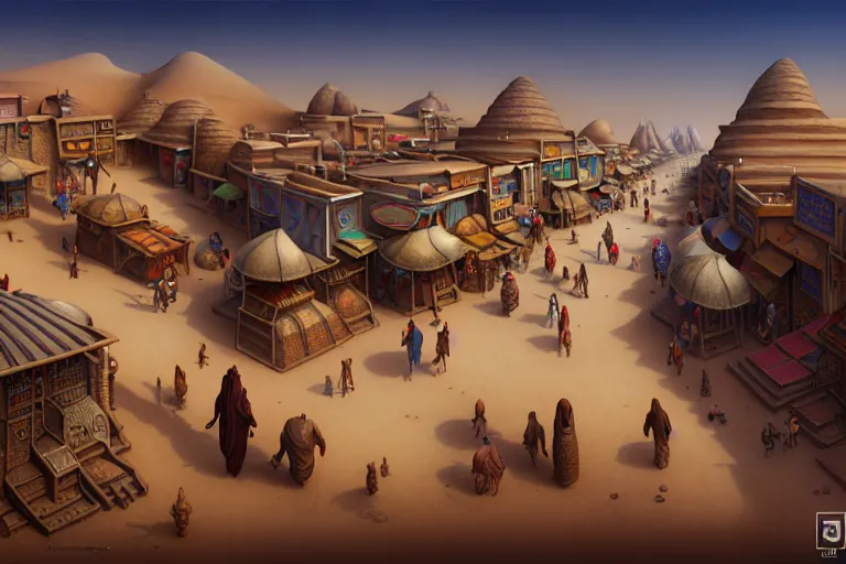 Image similar to isometric view of a highly detailed bazaar street in the dune city of tyr from the land of athas, amazing dark sun digital painting, by gerald brom, brom digital art, intricate details, ultra realistic, beautiful art, volumetric lighting, warm colors advance cool colors recede, by brom, trending cgsociety, artstation, rim lighting, 8 k