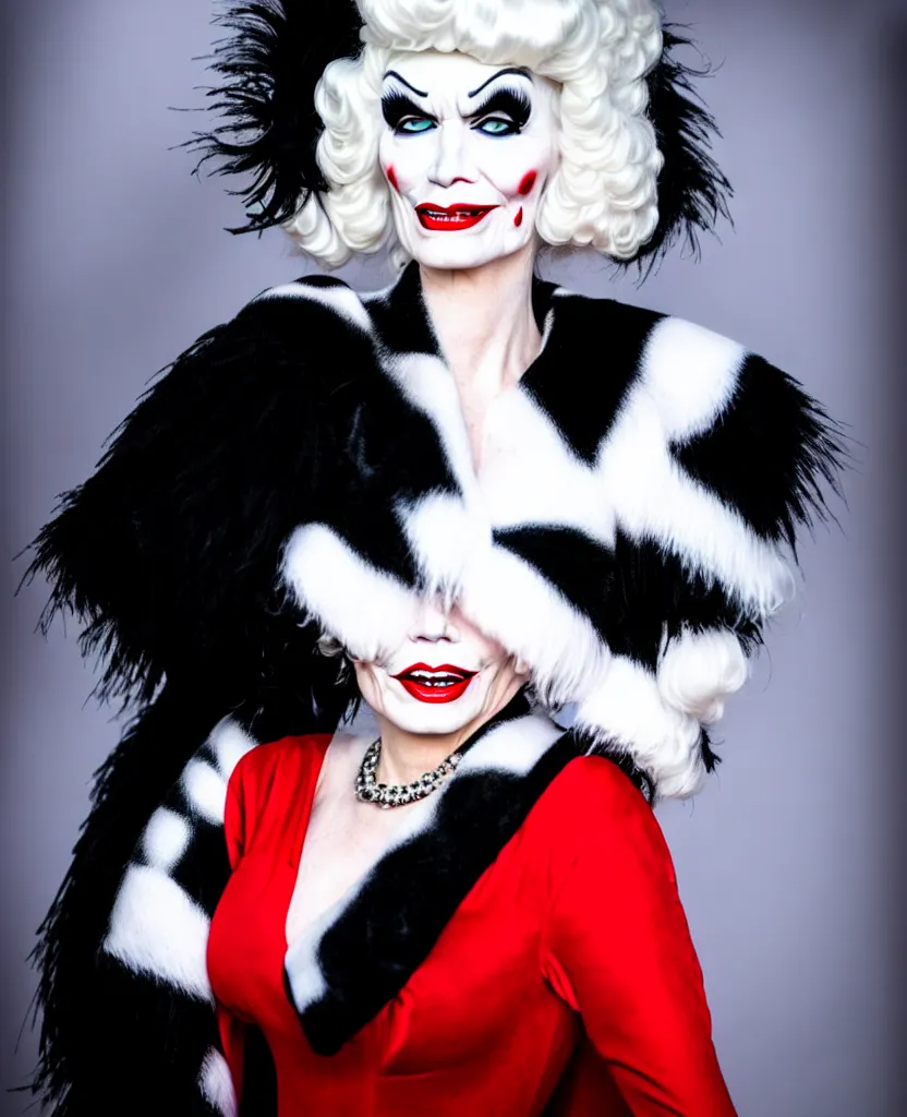 Image similar to cruella in a stunning dress posing for photographers