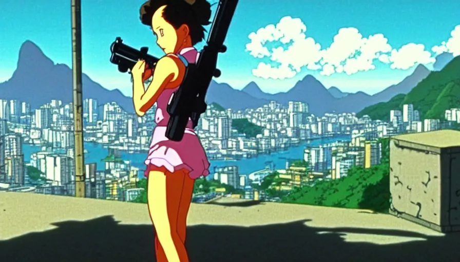 Image similar to 1 9 8 6 anime screencap of a girl with a gun on a rio de janeiro anime, by hayao miyazaki, studio ghibli, beautiful favela background extremely utra high quality artwork 8 k