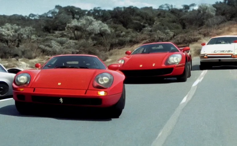 Prompt: film still of a Ferrari and a Porsche drifting in the Cannonball Run movie, 4k