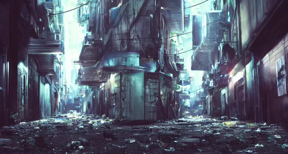 Prompt: a cinematic still frame of a dead end alleyway in a futuristic dystopian city, night time, littered with garbage, cold blue lighting, brutalist architecture, damp, cityscape, vanishing point perspective