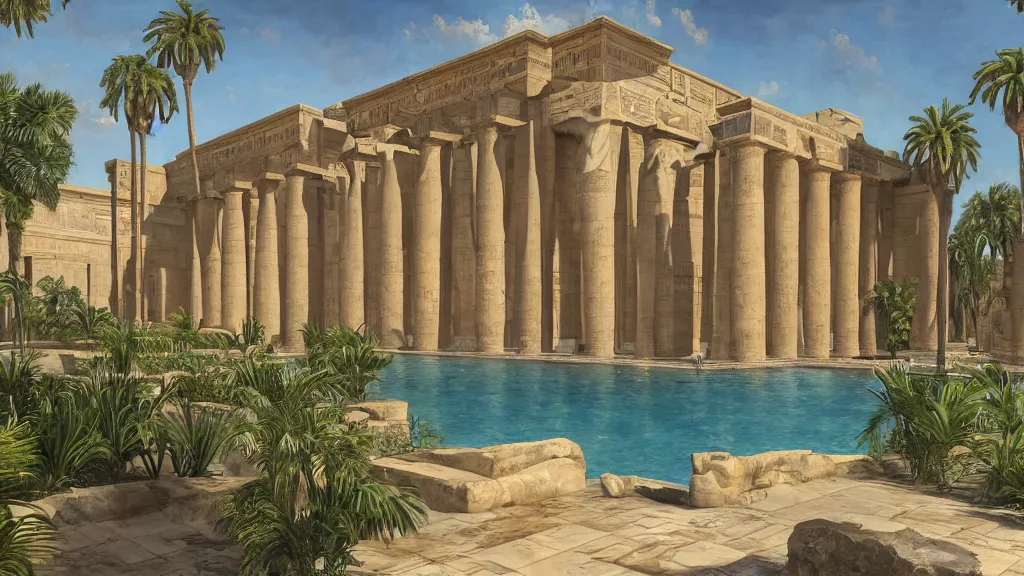 Prompt: an oil painting of the front of a new egyptian palace with a small pool in front and gold egyptian statues on each side of the door, exterior view, close - up, mid - day, palm trees and lush vegetation, hieroglyphs on the buildings, ray - traced reflections of the buildings and trees in the water
