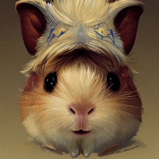 Image similar to A heraldic Prince Guinea Pig with big cute eyes, D&D, fantasy, intricate, cinematic lighting, highly detailed, digital painting, artstation, concept art, smooth, sharp focus, illustration, art by Akihiko Yoshida, Greg Rutkowski and Alphonse Mucha