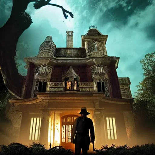 Image similar to indiana jones explores a haunted mansion, detailed, cinematic, shadow, gothic