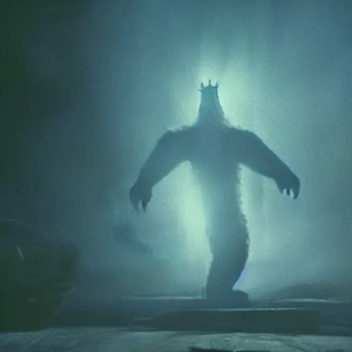 Prompt: low - resolution filmstill of a kaiju monster, fog, thriller, underdeveloped, flare, epic, dramatic